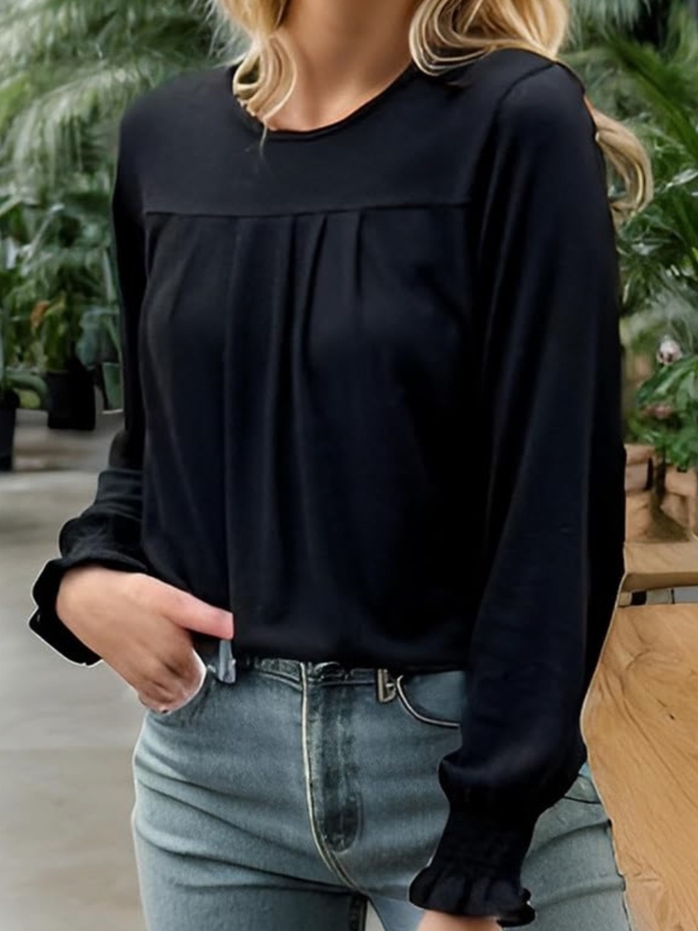 Chic Nation Black Pleated Yoke Long-Sleeve Blouse